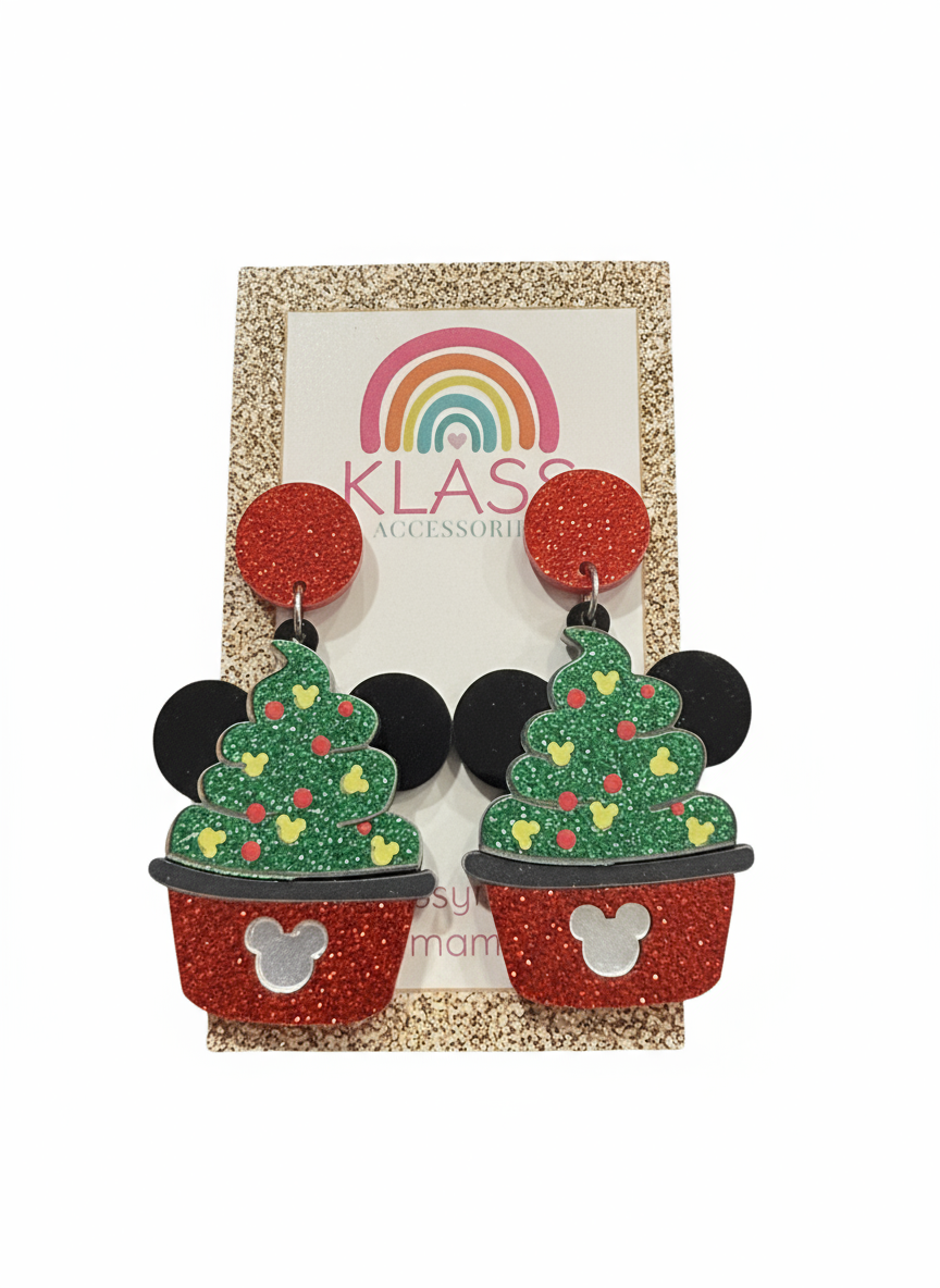 Disney Mickey Inspired Glitter Acrylic Mouse Christmas Cupcake Earrings