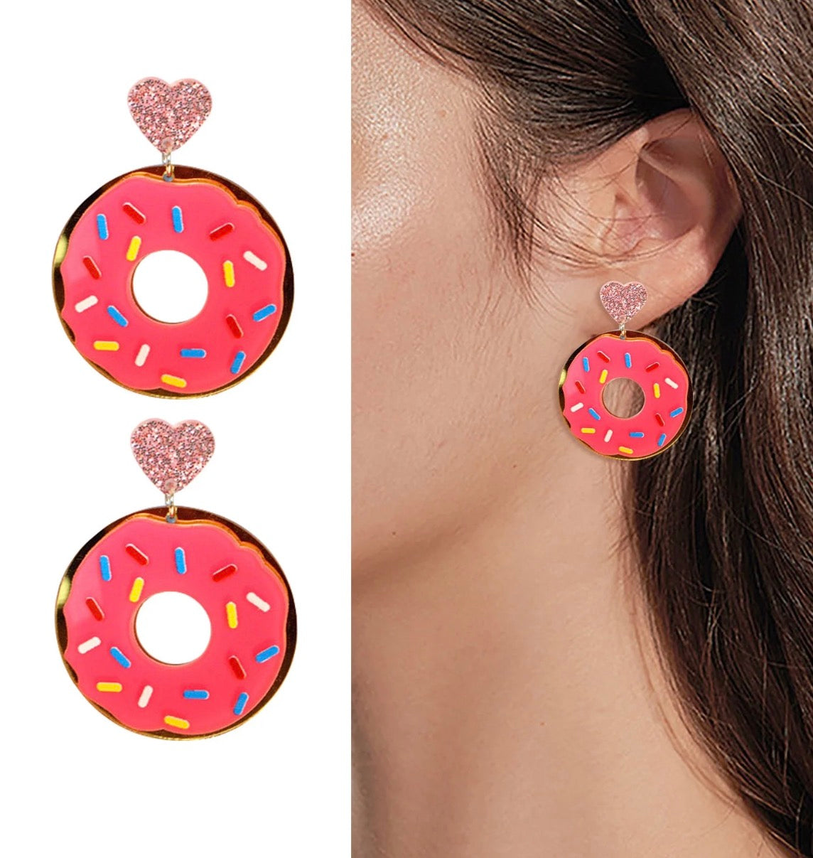 Heart π Pink Frosted Acrylic Simpsons Style Sprinkle Large Donut π© Dangle Drop Earrings