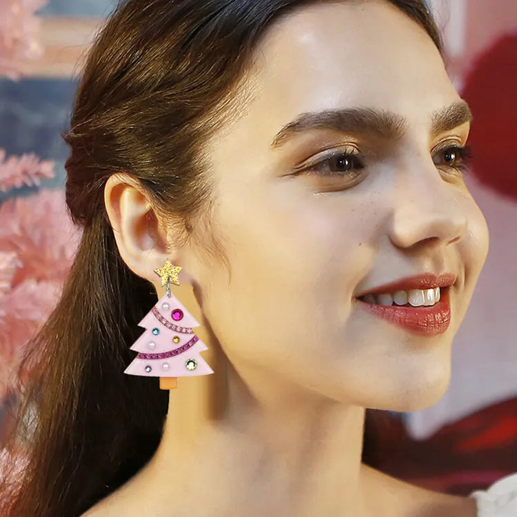 Pink Acrylic Gem Christmas Tree Earrings