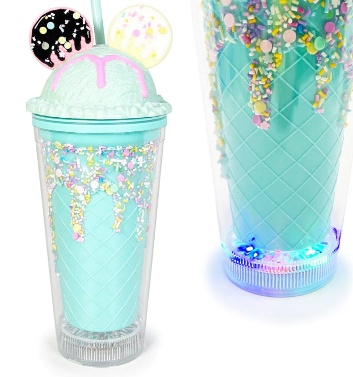 Disney Ice Cream Lighted Inspired Disney Inspired Ice Cream Light Up Mickey Mouse Cookie Ears Lid Tumbler Cup Teal Sprinkles