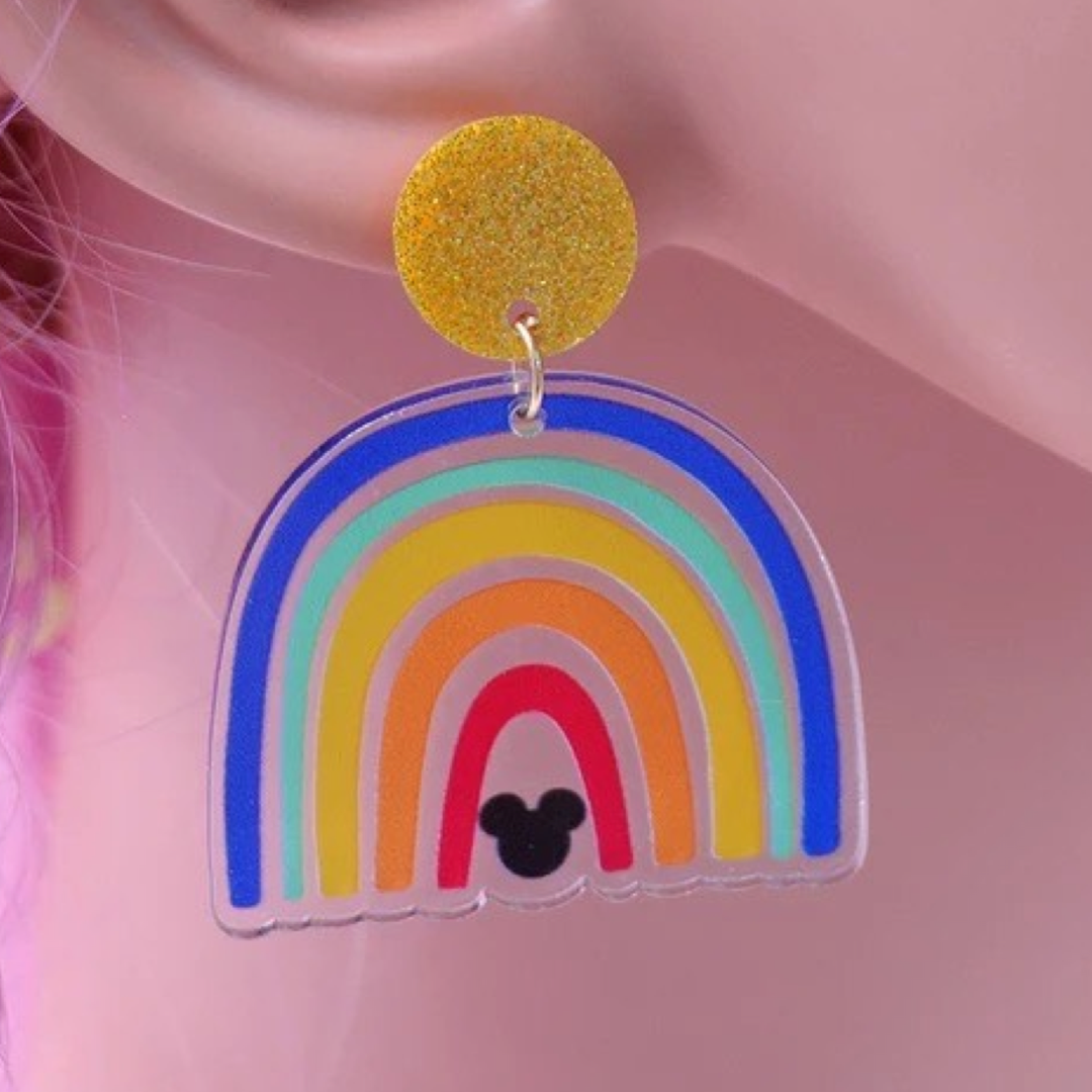 DISNEY INSPIRED HIDDEN MICKEY CLEAR RAINBOW ACRYLIC DANGLE GLITTER EARRINGS