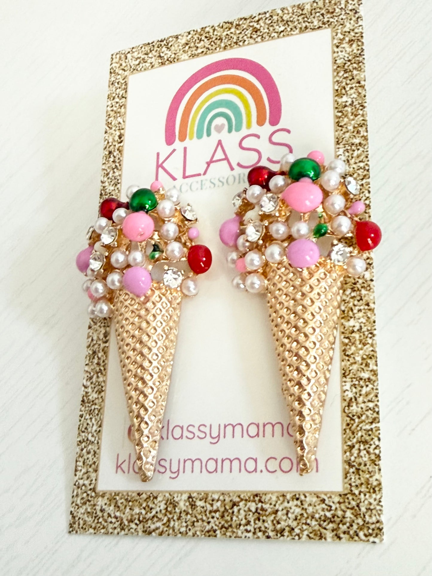 Colorful Sweet Treat Ice Cream Large Studs Earrings with Pearls & Crystals