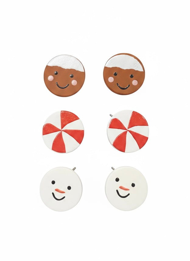 Cute Painted Wood Peppermint Gingerbread Snowman 3PC Earrings