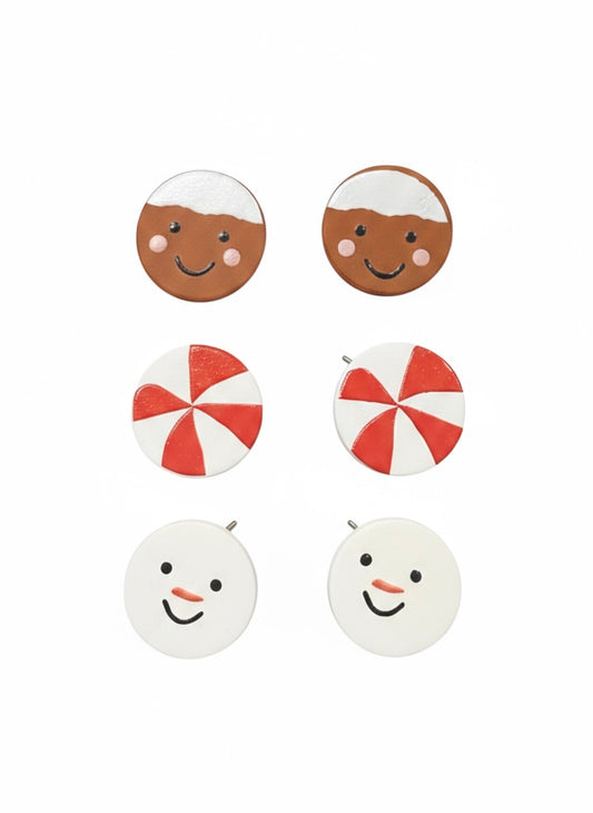Cute Painted Wood Peppermint Gingerbread Snowman 3PC Earrings
