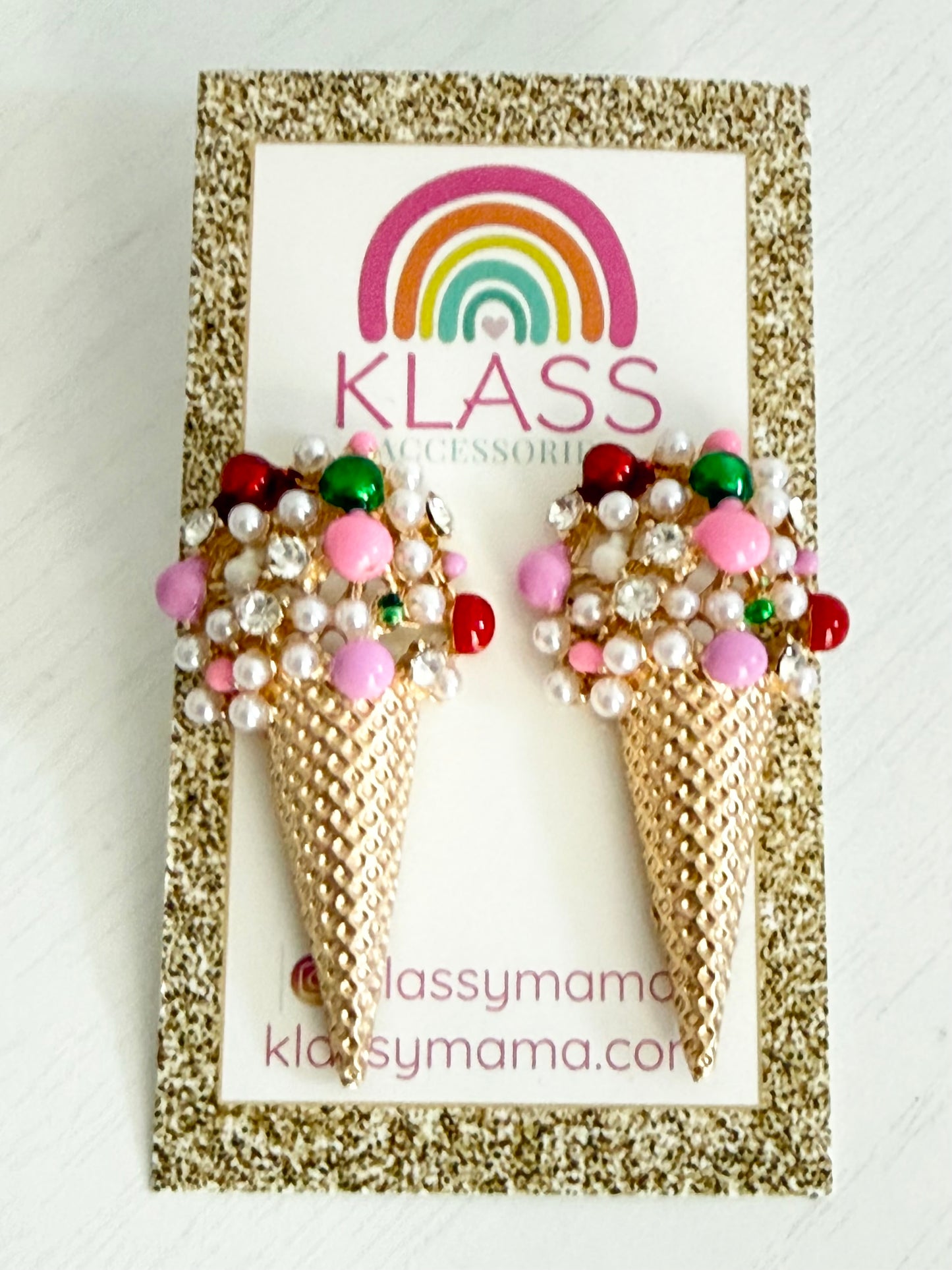 Colorful Sweet Treat Ice Cream Large Studs Earrings with Pearls & Crystals
