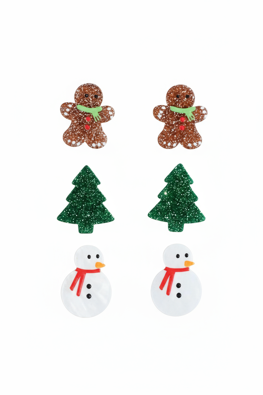 Cute Glitter Acrylic Gingerbread Man Christmas Tree Snowman 3PC Earrings