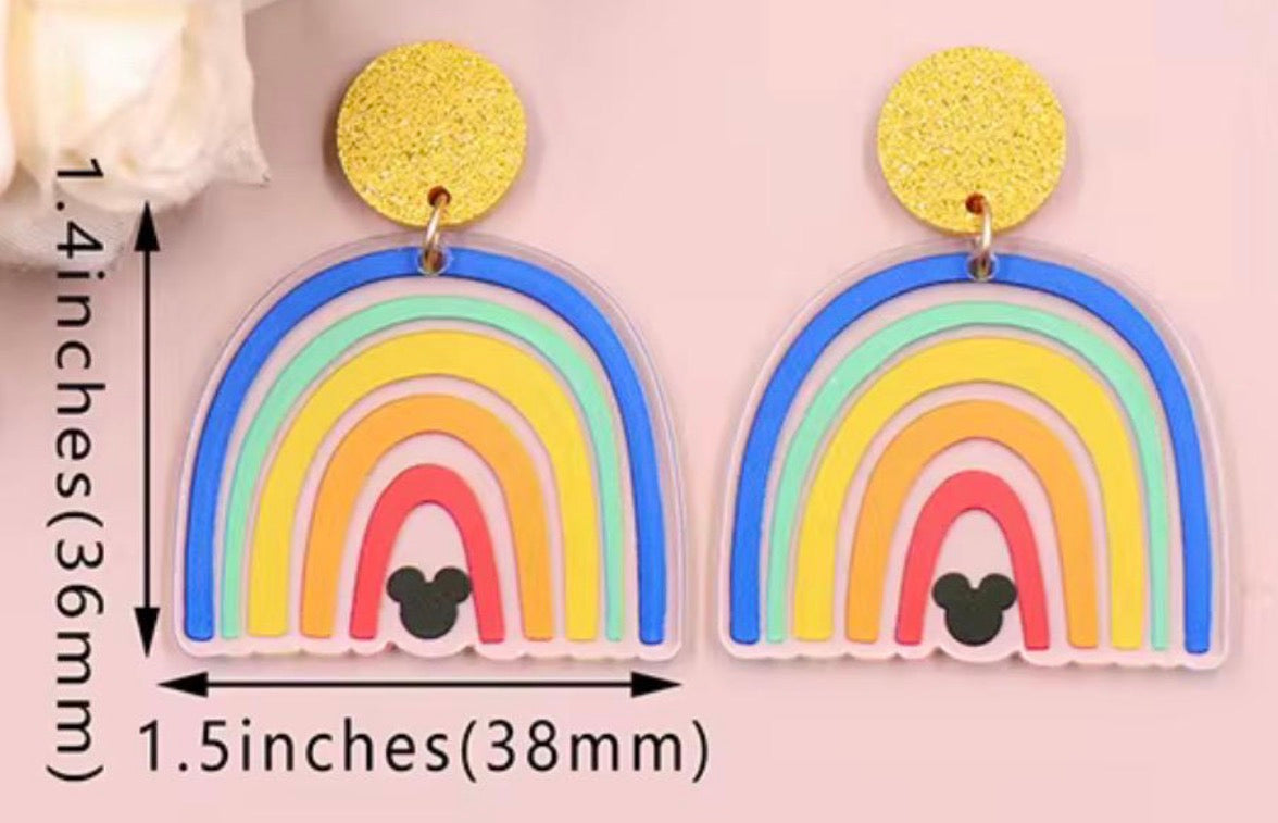 DISNEY INSPIRED HIDDEN MICKEY CLEAR RAINBOW ACRYLIC DANGLE GLITTER EARRINGS