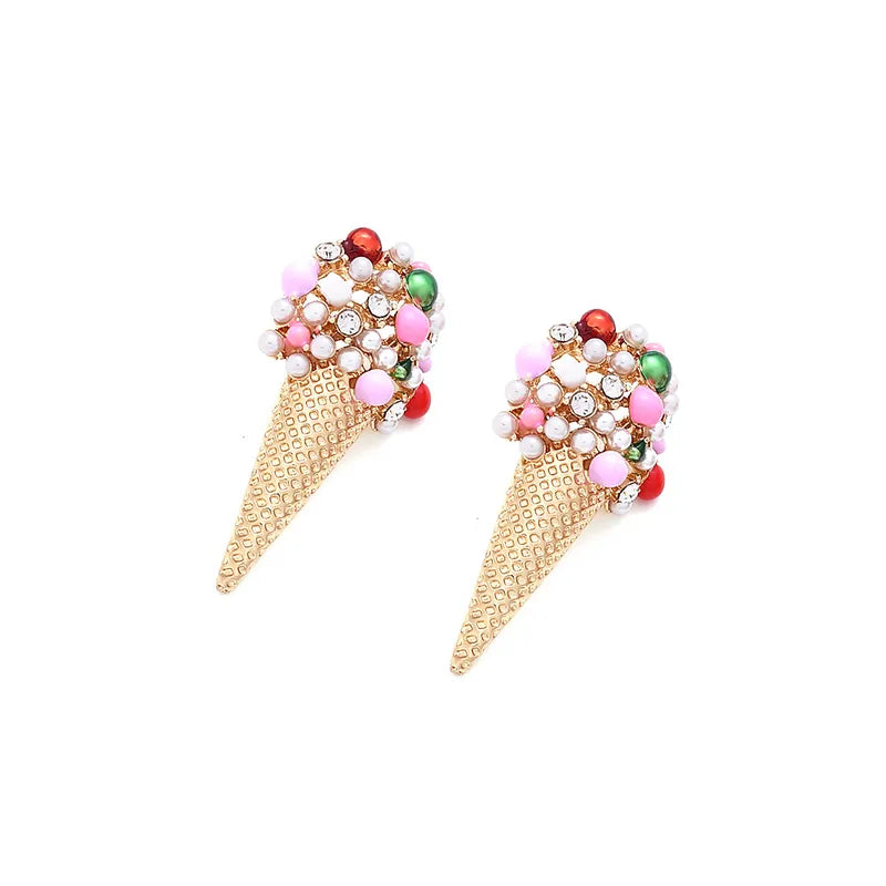 Colorful Sweet Treat Ice Cream Large Studs Earrings with Pearls & Crystals