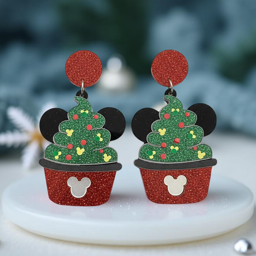 Disney Mickey Inspired Glitter Acrylic Mouse Christmas Cupcake Earrings