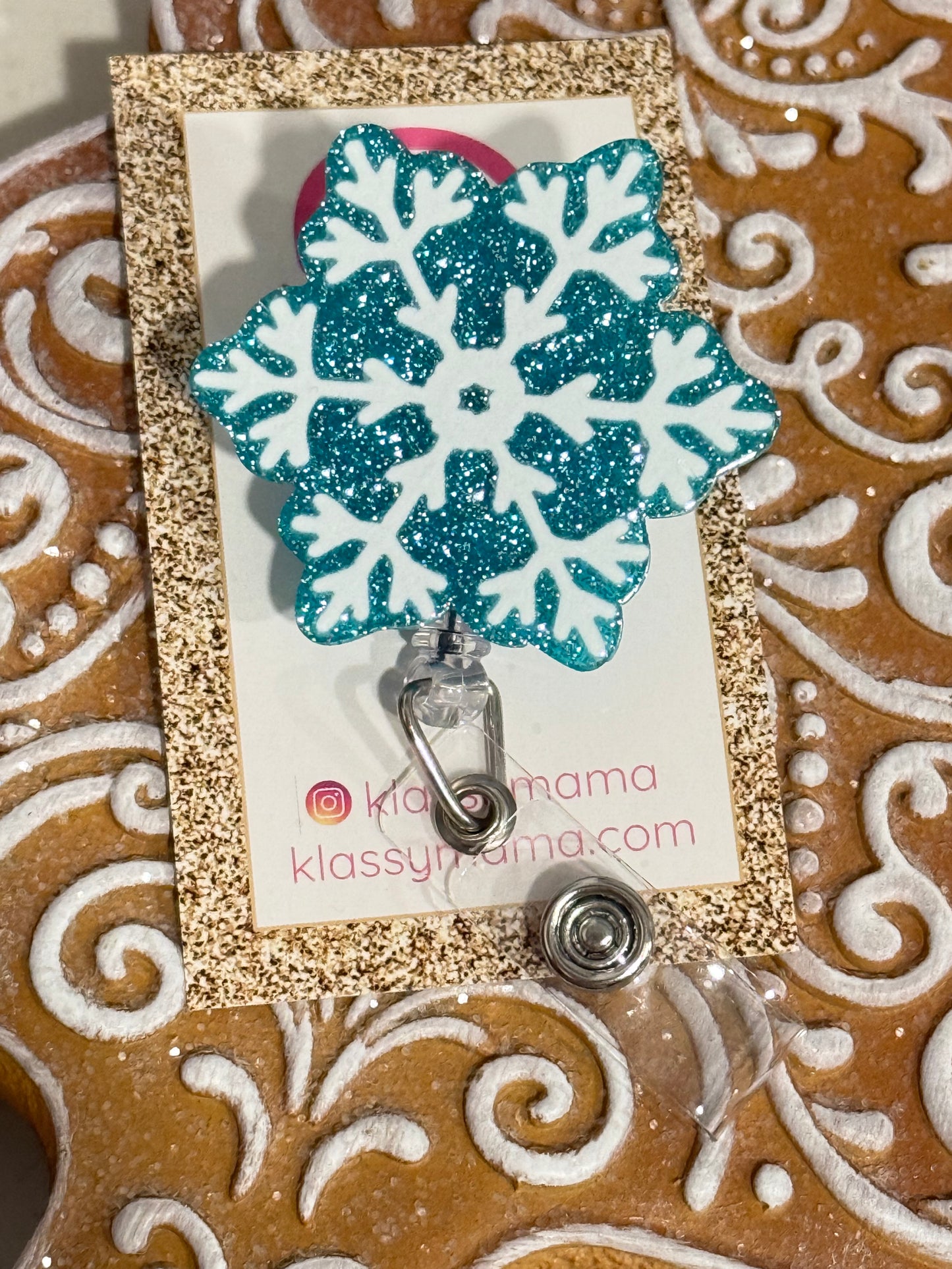 Expandable Christmas Acrylic Glitter Frozen Inspired Snowflake ❄️ Badge Easy Clip Rollable Lanyard