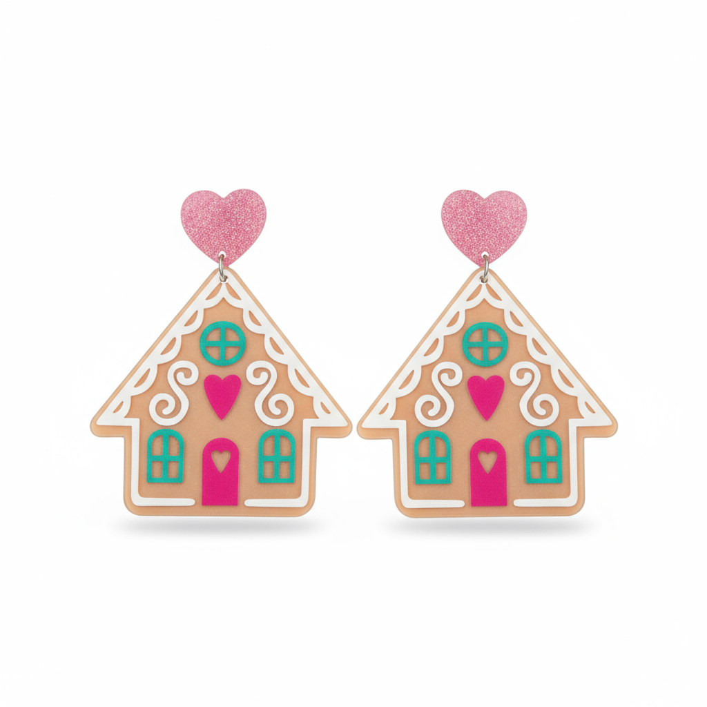 Pink Acrylic Heart Gingerbread House Earrings