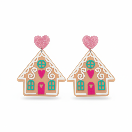 Pink Acrylic Heart Gingerbread House Earrings