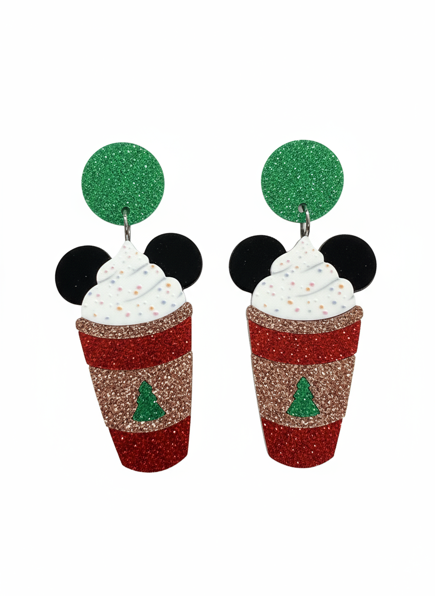 Disney Mickey Starbucks Inspired Glittered Acrylic Mouse Christmas Coffee Earrings
