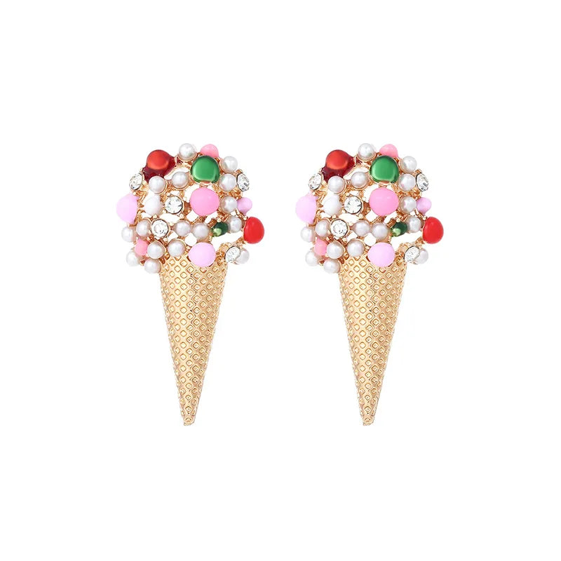 Colorful Sweet Treat Ice Cream Large Studs Earrings with Pearls & Crystals