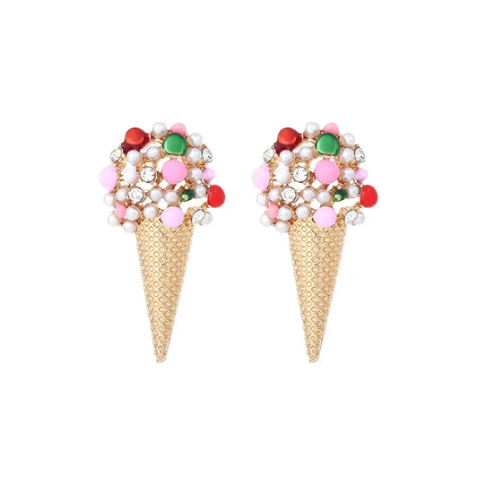 Colorful Sweet Treat Ice Cream Large Studs Earrings with Pearls & Crystals