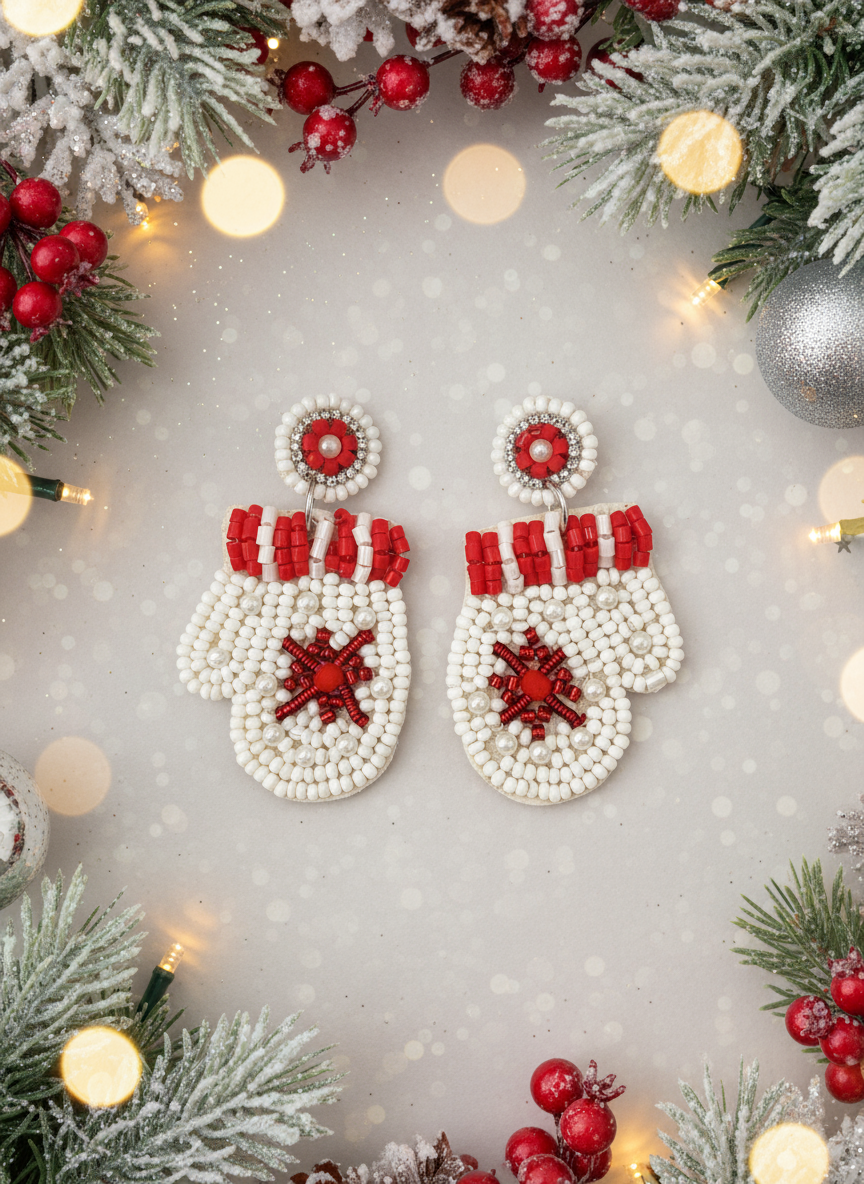 Seed Bead Christmas Mitten Earrings