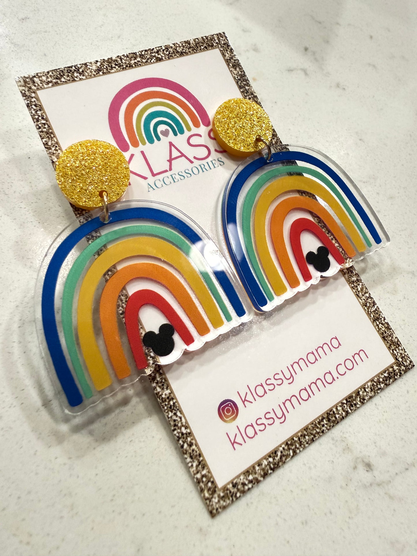 DISNEY INSPIRED HIDDEN MICKEY CLEAR RAINBOW ACRYLIC DANGLE GLITTER EARRINGS