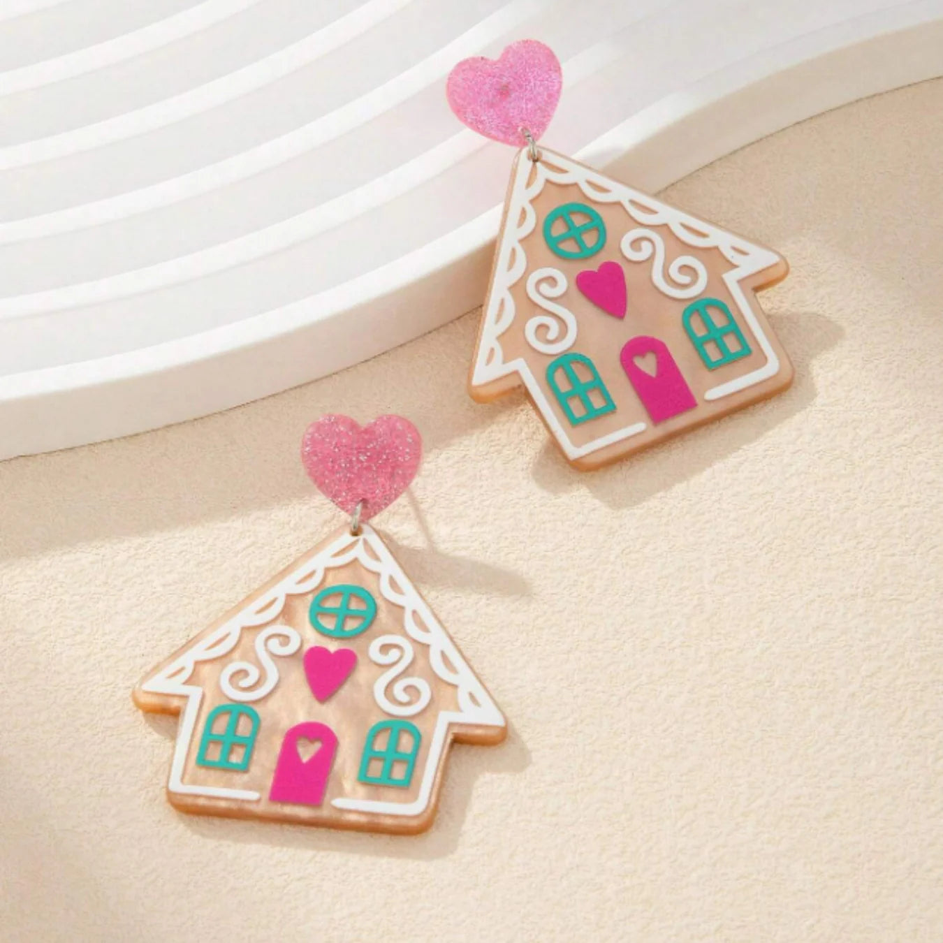 Pink Acrylic Heart Gingerbread House Earrings