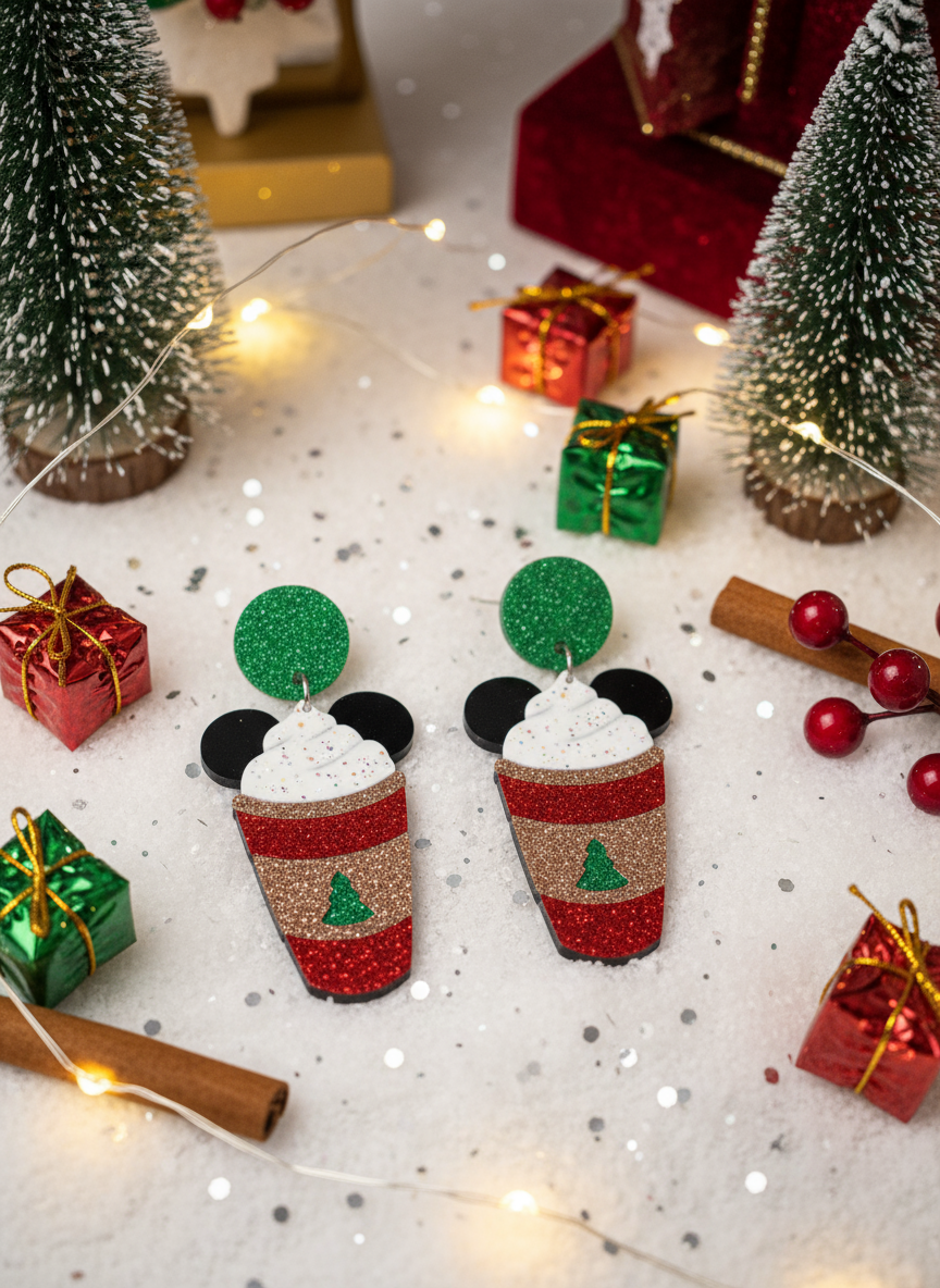 Disney Mickey Starbucks Inspired Glittered Acrylic Mouse Christmas Coffee Earrings
