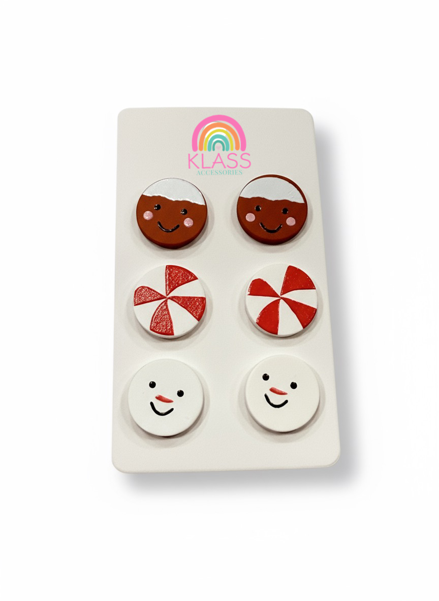 Cute Painted Wood Peppermint Gingerbread Snowman 3PC Earrings