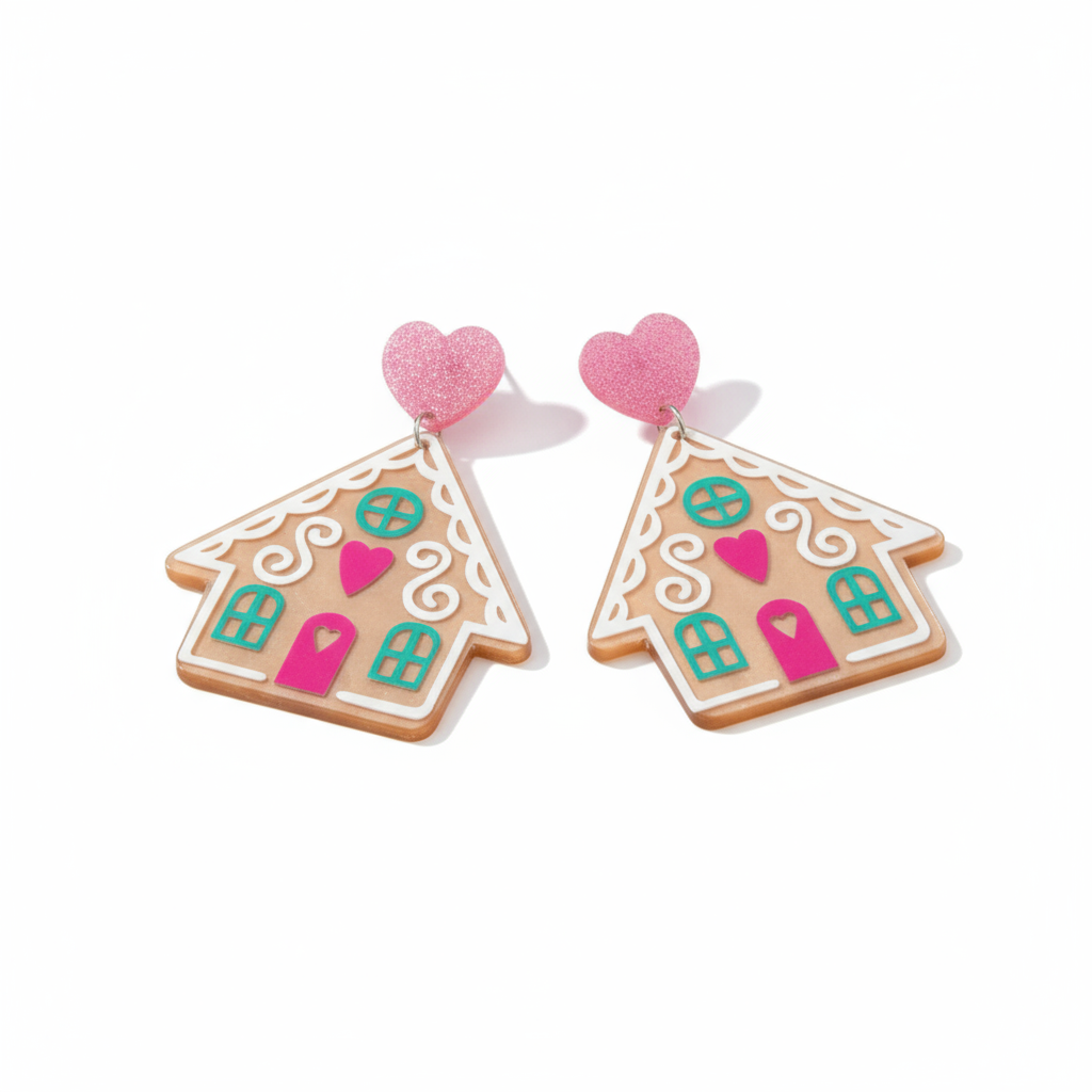Pink Acrylic Heart Gingerbread House Earrings