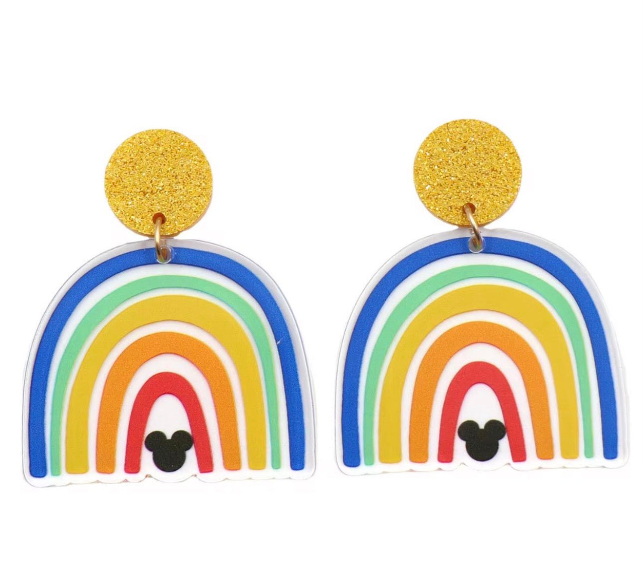 DISNEY INSPIRED HIDDEN MICKEY CLEAR RAINBOW ACRYLIC DANGLE GLITTER EARRINGS