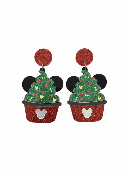 Disney Mickey Inspired Glitter Acrylic Mouse Christmas Cupcake Earrings
