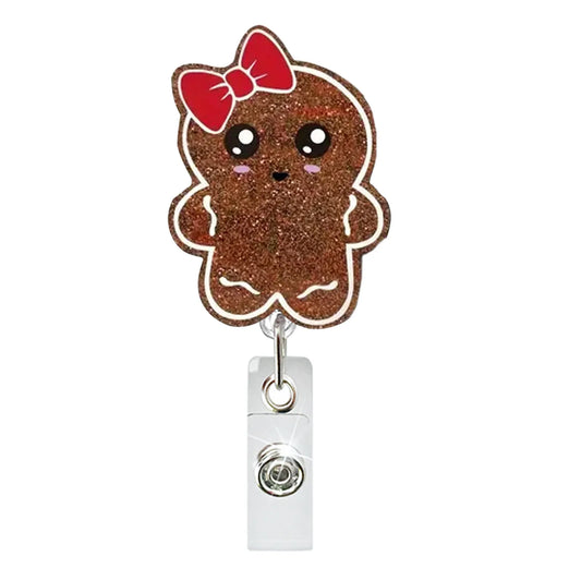Expandable Christmas Acrylic Glitter Gingerbread Man Girl Badge Easy Clip Rollable Lanyard