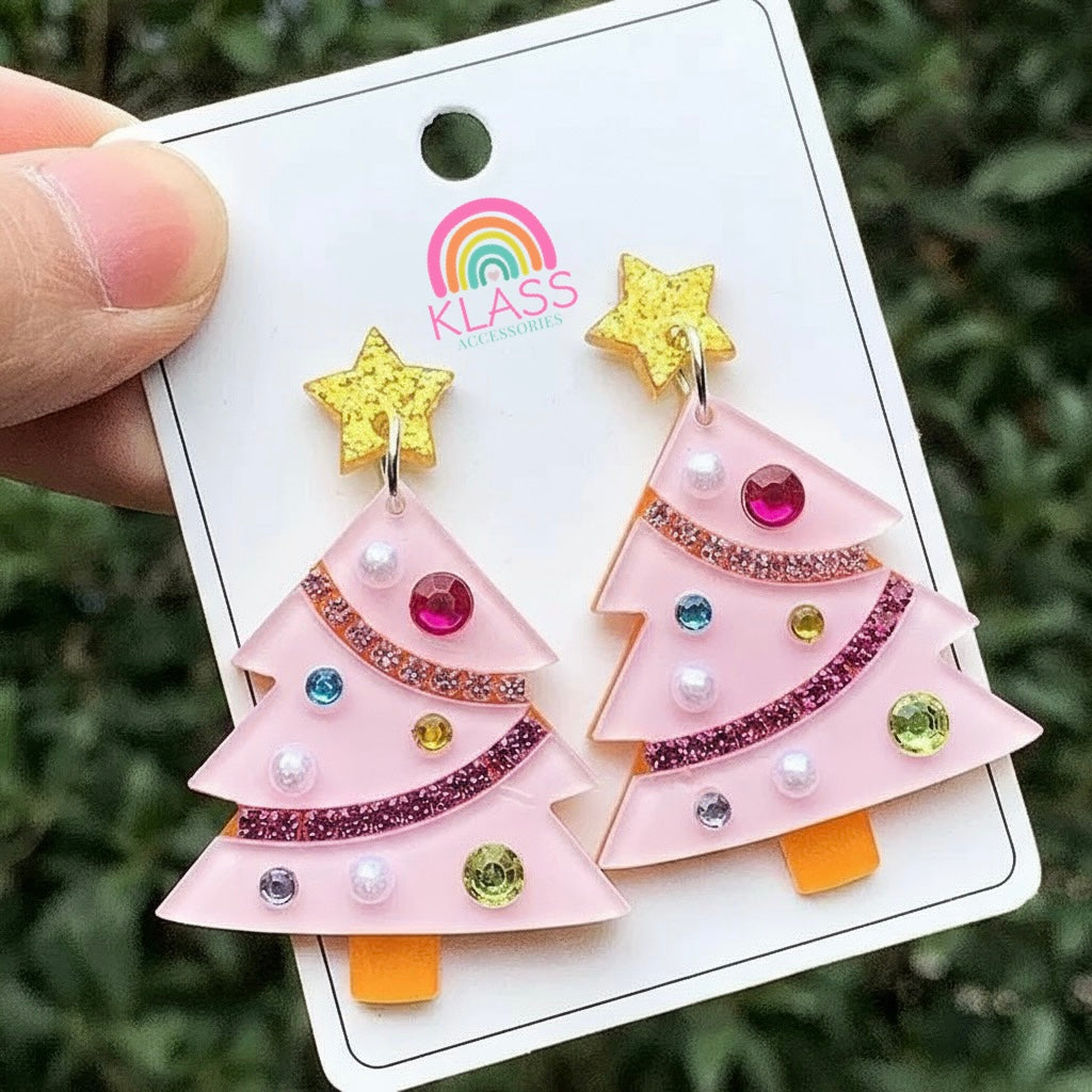 Pink Acrylic Gem Christmas Tree Earrings