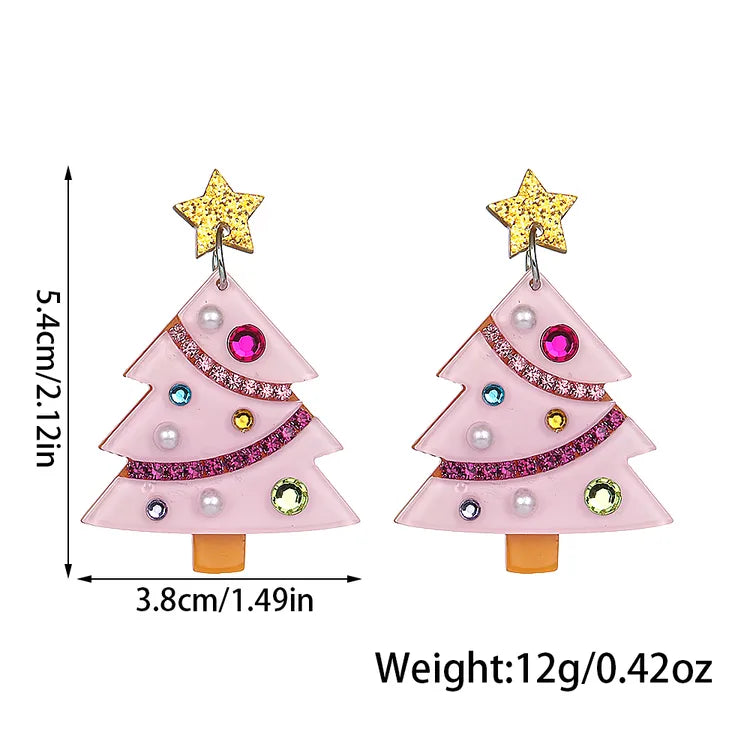 Pink Acrylic Gem Christmas Tree Earrings