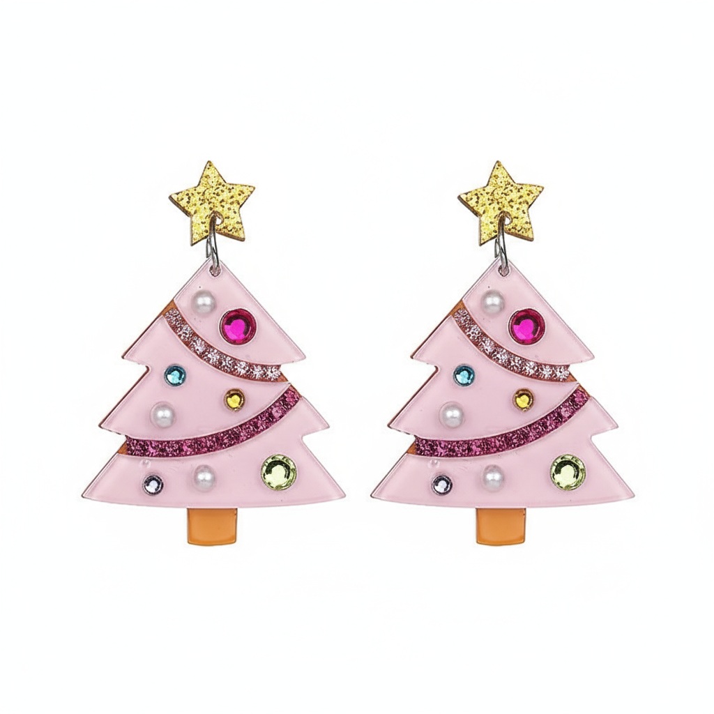 Pink Acrylic Gem Christmas Tree Earrings