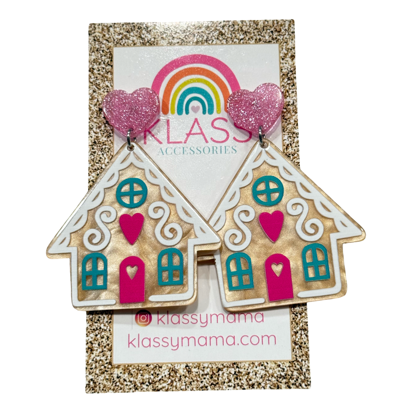 Pink Acrylic Heart Gingerbread House Earrings