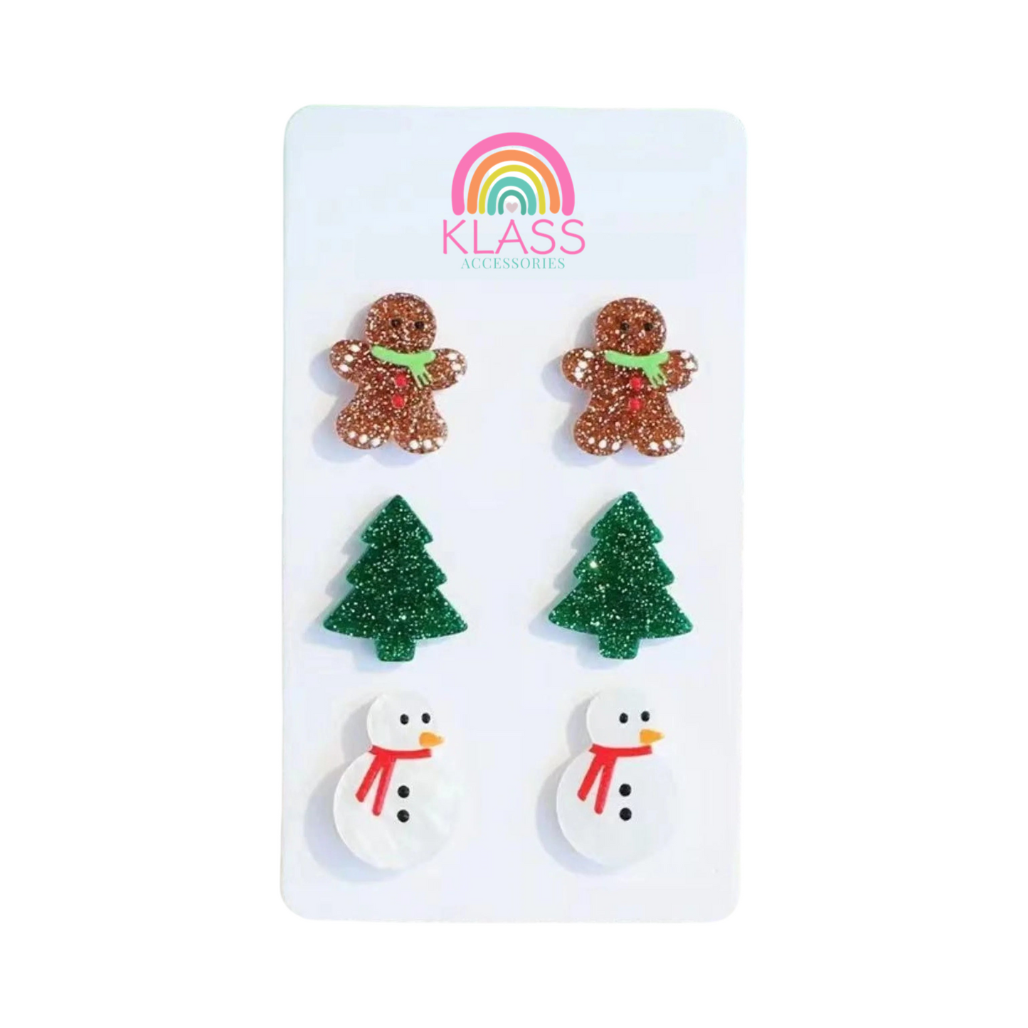 Cute Glitter Acrylic Gingerbread Man Christmas Tree Snowman 3PC Earrings