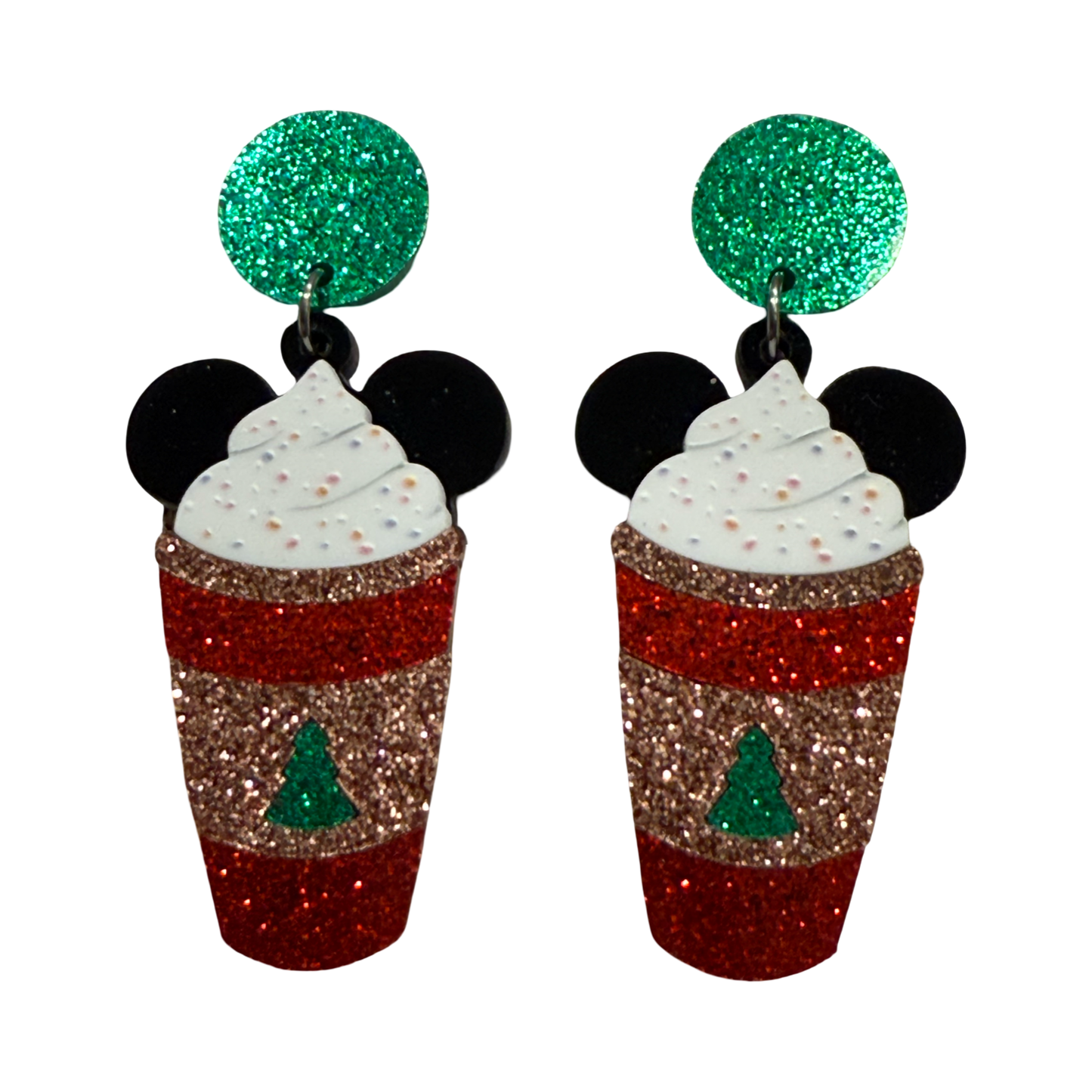 Disney Mickey Starbucks Inspired Glittered Acrylic Mouse Christmas Coffee Earrings