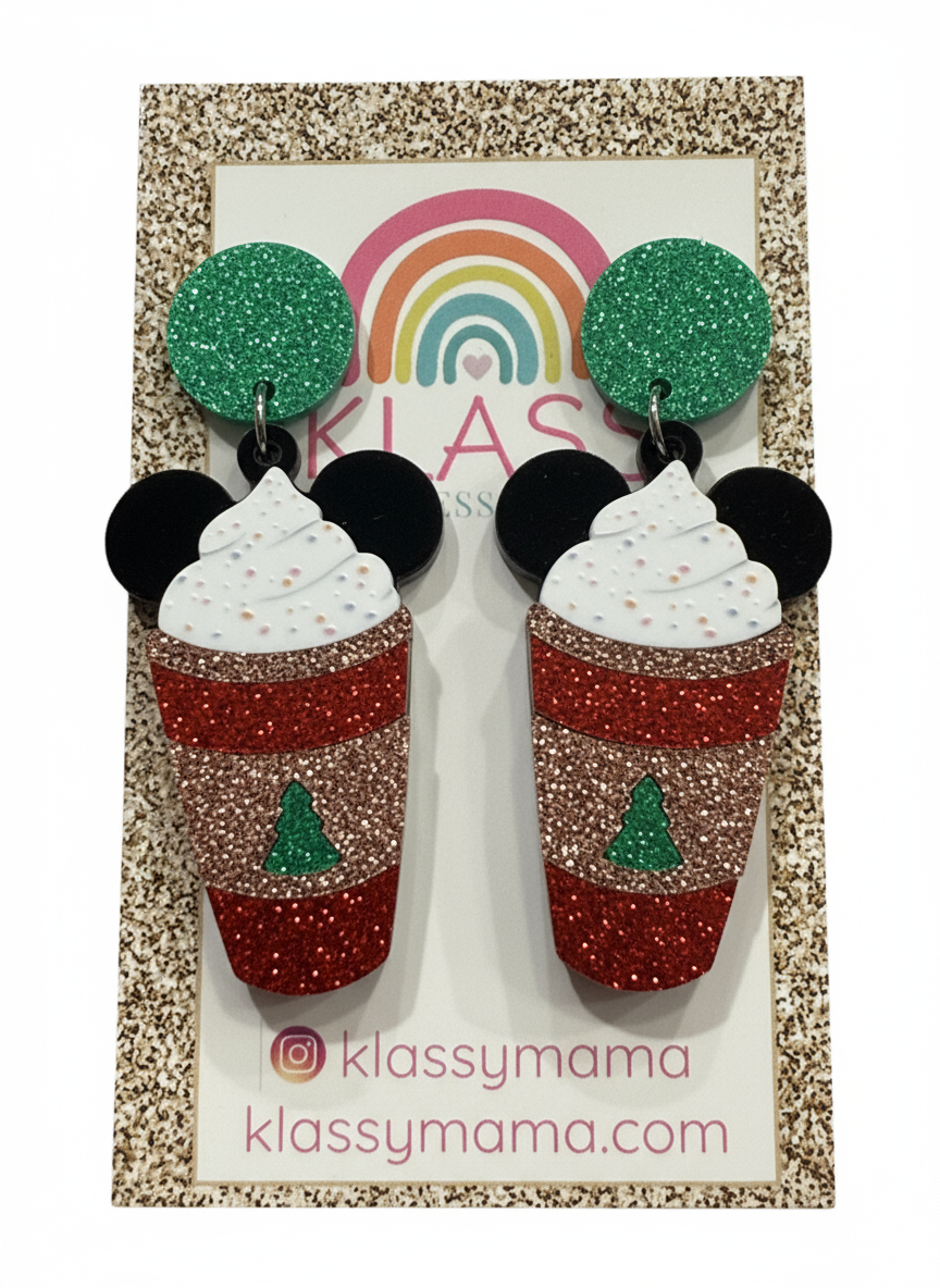 Disney Mickey Starbucks Inspired Glittered Acrylic Mouse Christmas Coffee Earrings
