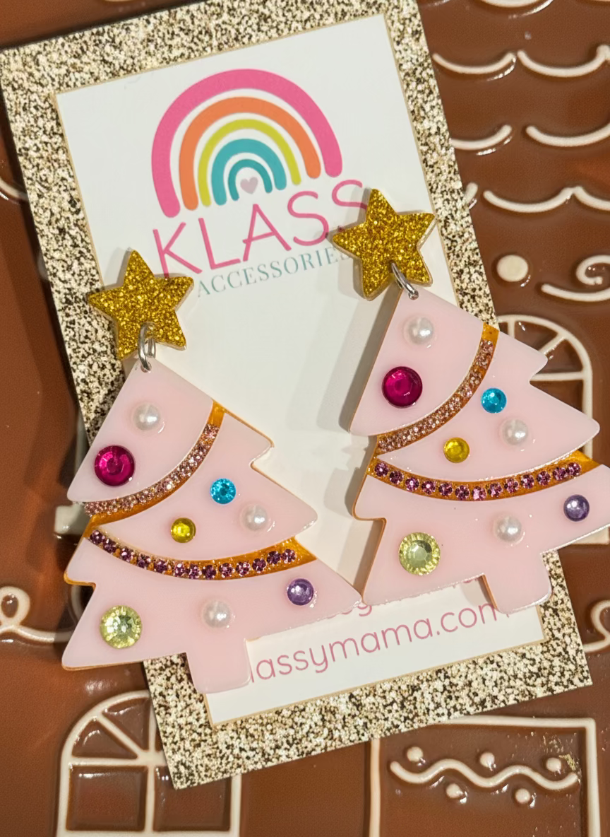 Pink Acrylic Gem Christmas Tree Earrings