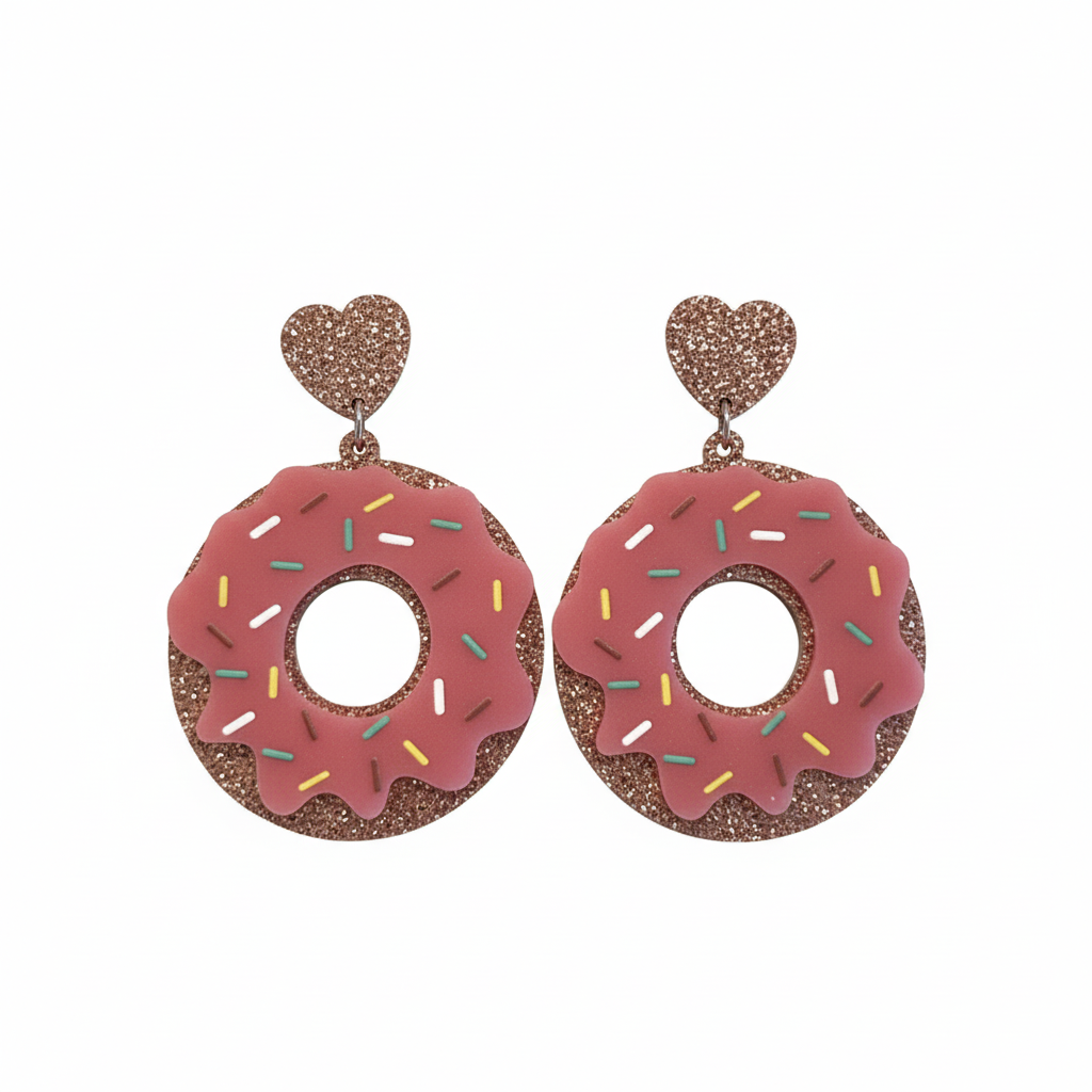 Heart 💕 Pink Frosted Acrylic Sprinkle Large Donut 🍩 Dangle Drop Earrings