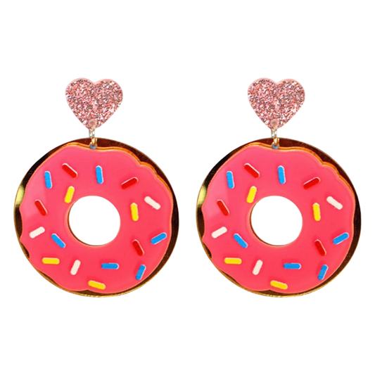 Heart 💕 Pink Frosted Acrylic Simpsons Style Sprinkle Large Donut 🍩 Dangle Drop Earrings