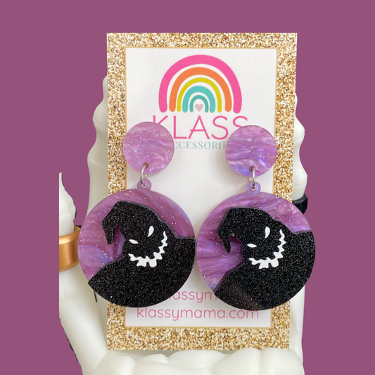 DISNEY INSPIRED OOGIE BOOGIE BASH INSPIRED NBC NIGHTMARE BEFORE CHRISTMAS HALLOWEEN STATEMENT EARRINGS PURPLE