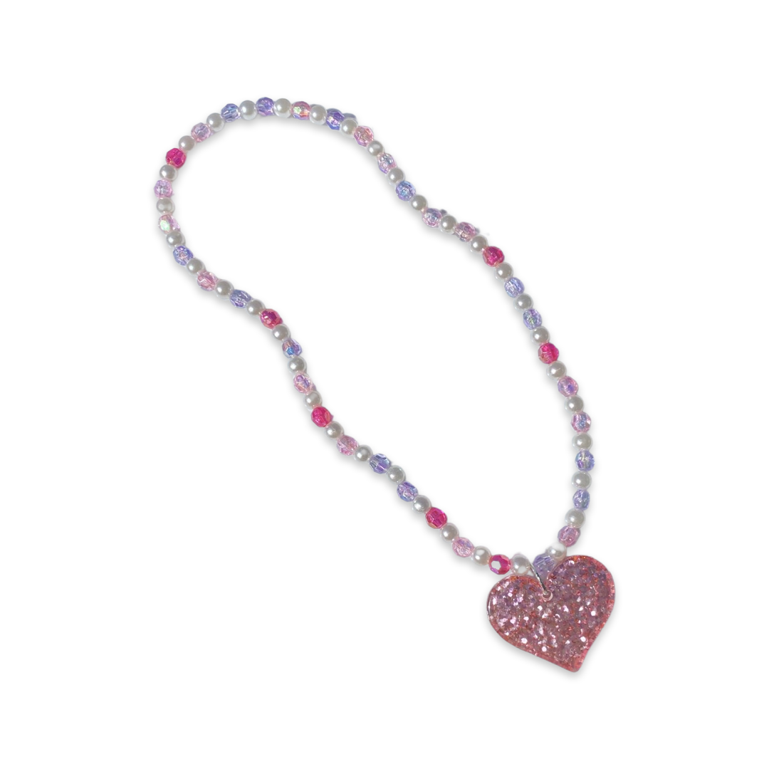 Glitter Heart Pink and Purple Pearl Stretch Necklace