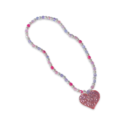 Glitter Heart Pink and Purple Pearl Stretch Necklace