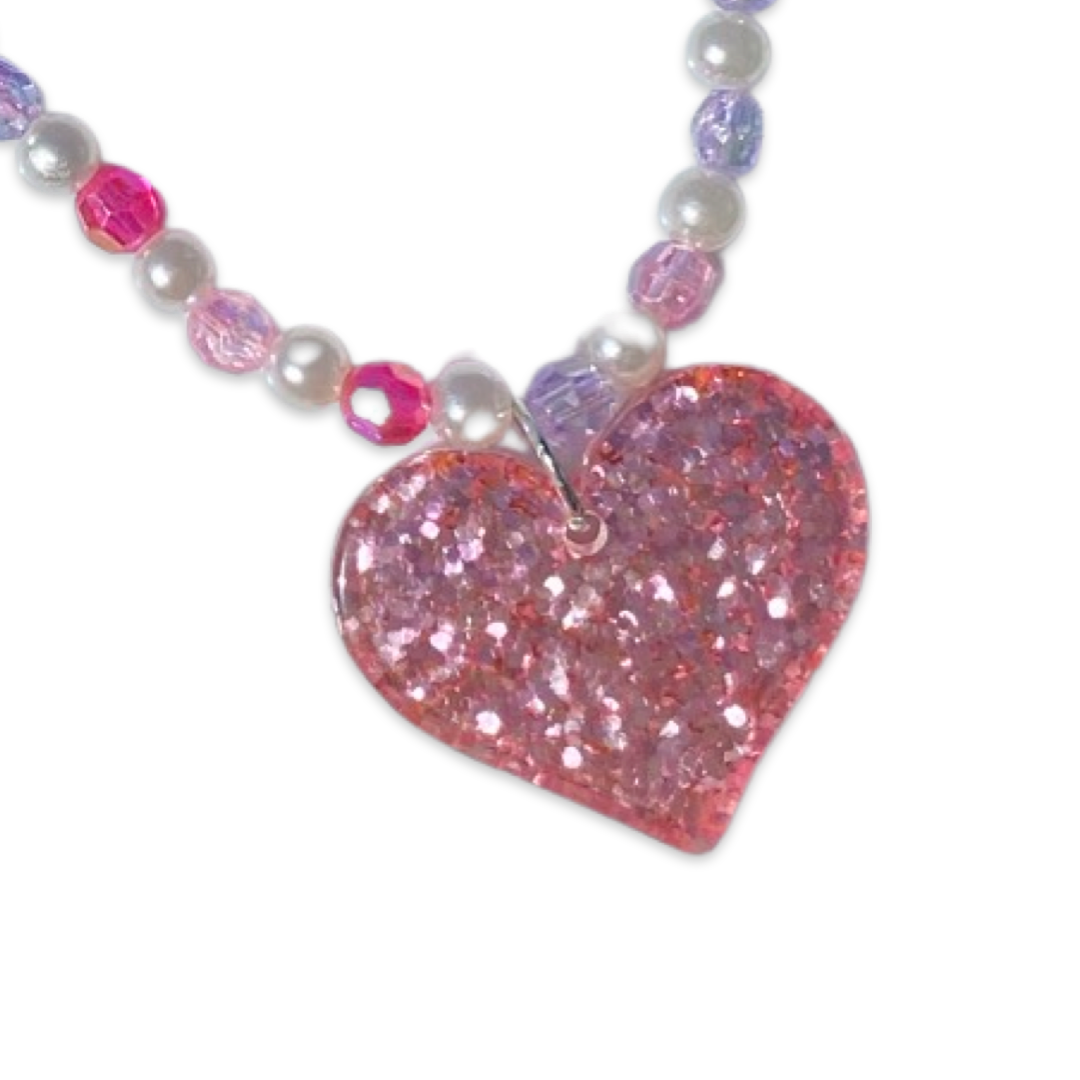 Glitter Heart Pink and Purple Pearl Stretch Necklace