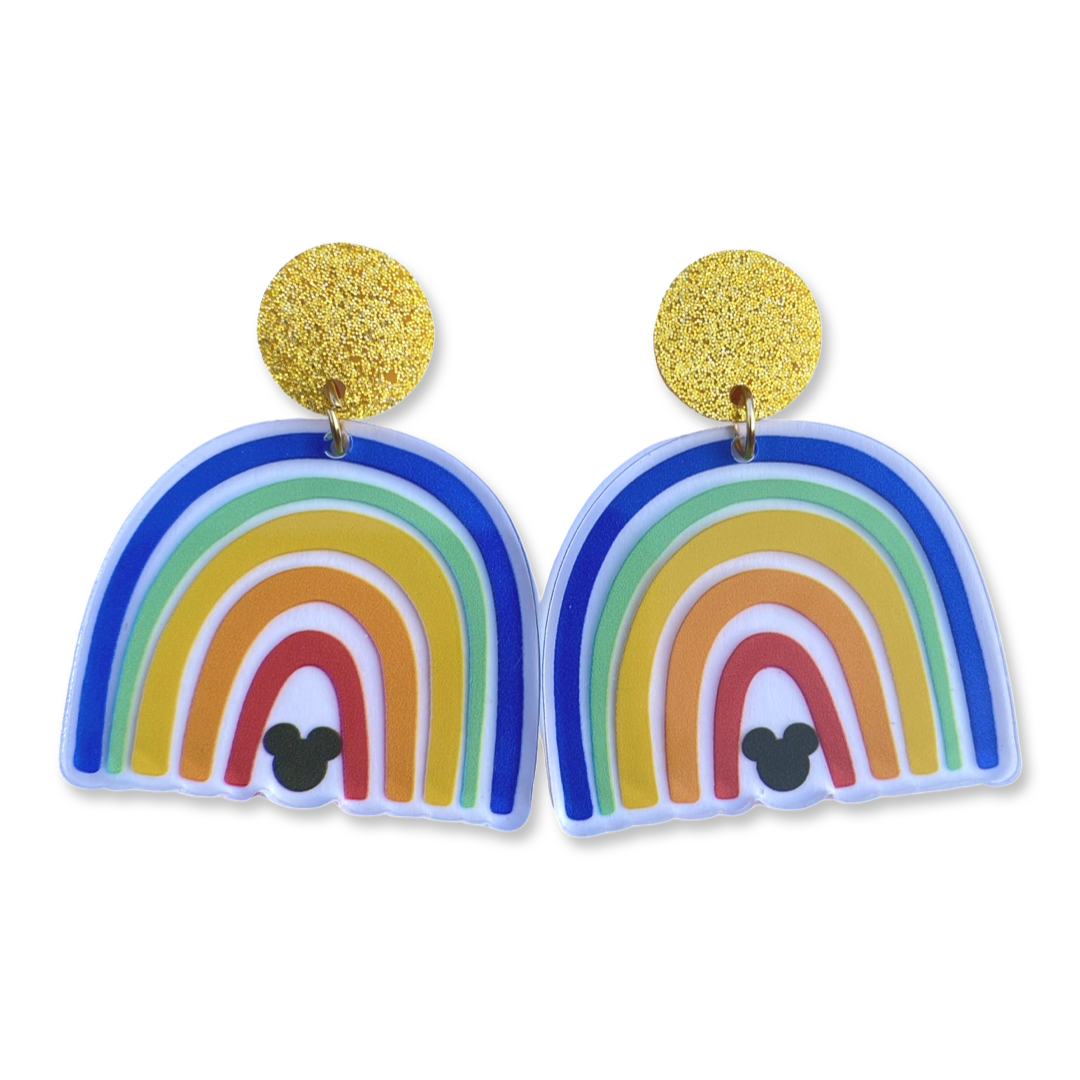 DISNEY INSPIRED HIDDEN MICKEY CLEAR RAINBOW ACRYLIC DANGLE GLITTER EARRINGS